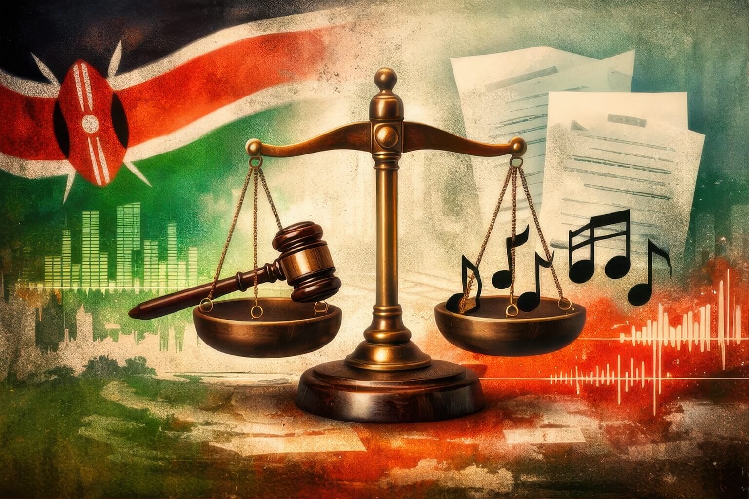 A brass set of scales stands balanced, with a gavel on one side and musical notes on the other. Behind it is the Kenyan flag, legal documents, cityscape graphics, and colourful sound waves, symbolising Kenya music licensing and copyright law.
