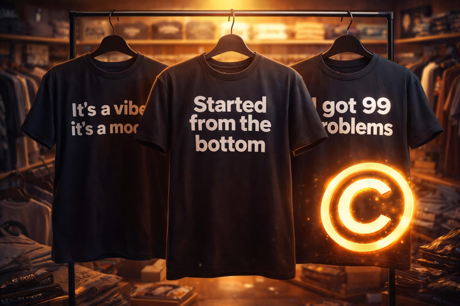 Three black T-shirts hang on a rail in a clothes shop. Each shirt has bold white text: “It’s a vibe, it’s a mood,” “Started from the bottom,” and “I got 99 problems” with a glowing copyright symbol replacing the last word.