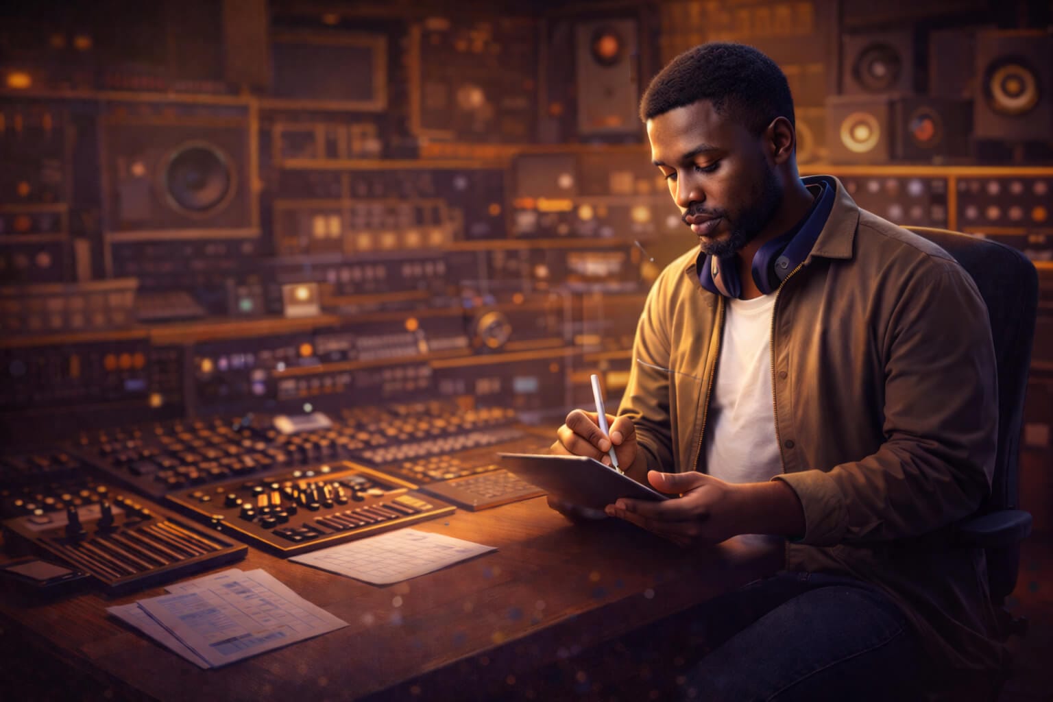 A man sits in a recording studio surrounded by audio equipment and control panels. Headphones around his neck, he writes a release day checklist on a clipboard, focused on his task. Warm lighting highlights the busy, creative workspace.