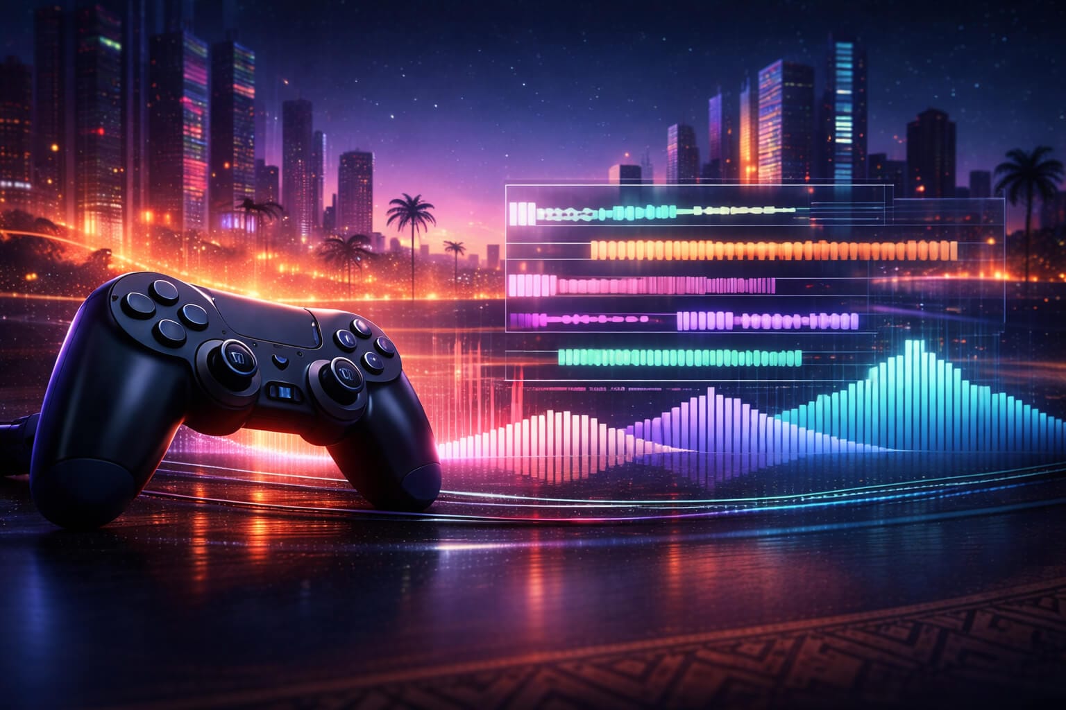 A black game controller rests on a table with colourful digital soundwaves and equaliser bars floating above it, highlighting the role of music in games. In the neon-lit cityscape beyond, palm trees and reflections create a futuristic, immersive vibe.