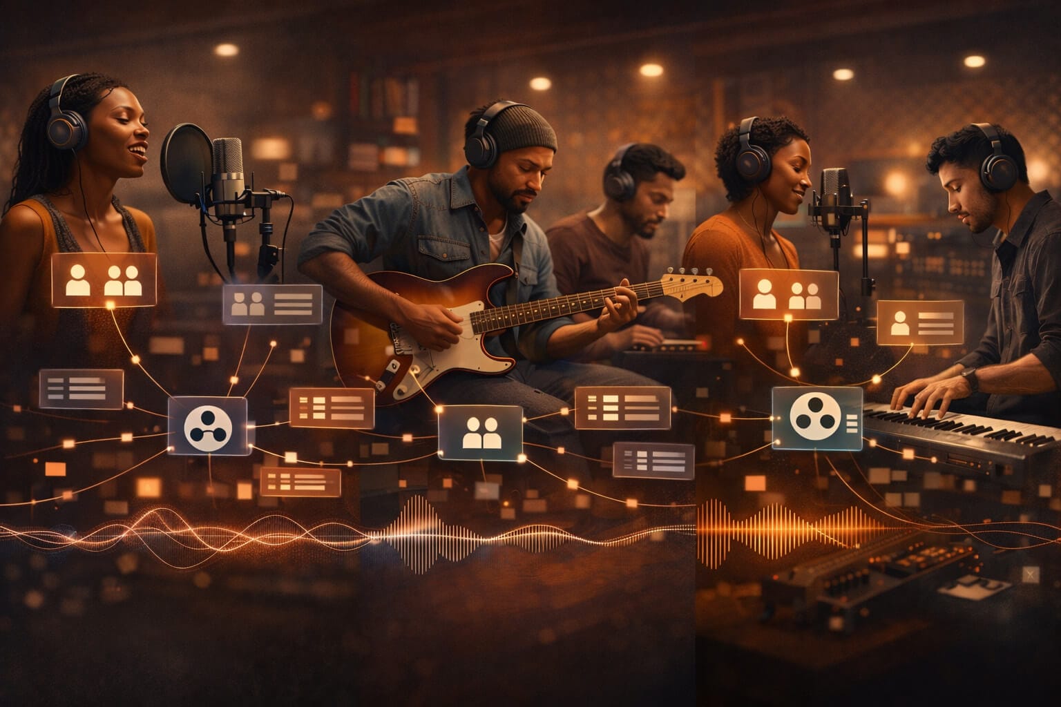 Four musicians in a warm studio record music together, each with headphones and microphones. Digital icons and sound wave graphics connect them, highlighting session musicians and music royalties in a creative, modern setting.