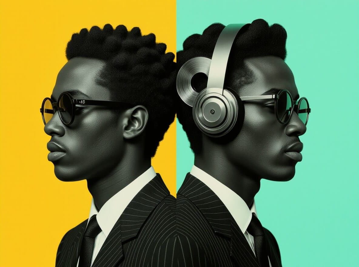 Two stylishly dressed men stand back-to-back in suits, sunglasses, and ties, against a split yellow and teal background. One wears round glasses, the other wears large headphones. Both have short, textured hair and serious expressions.