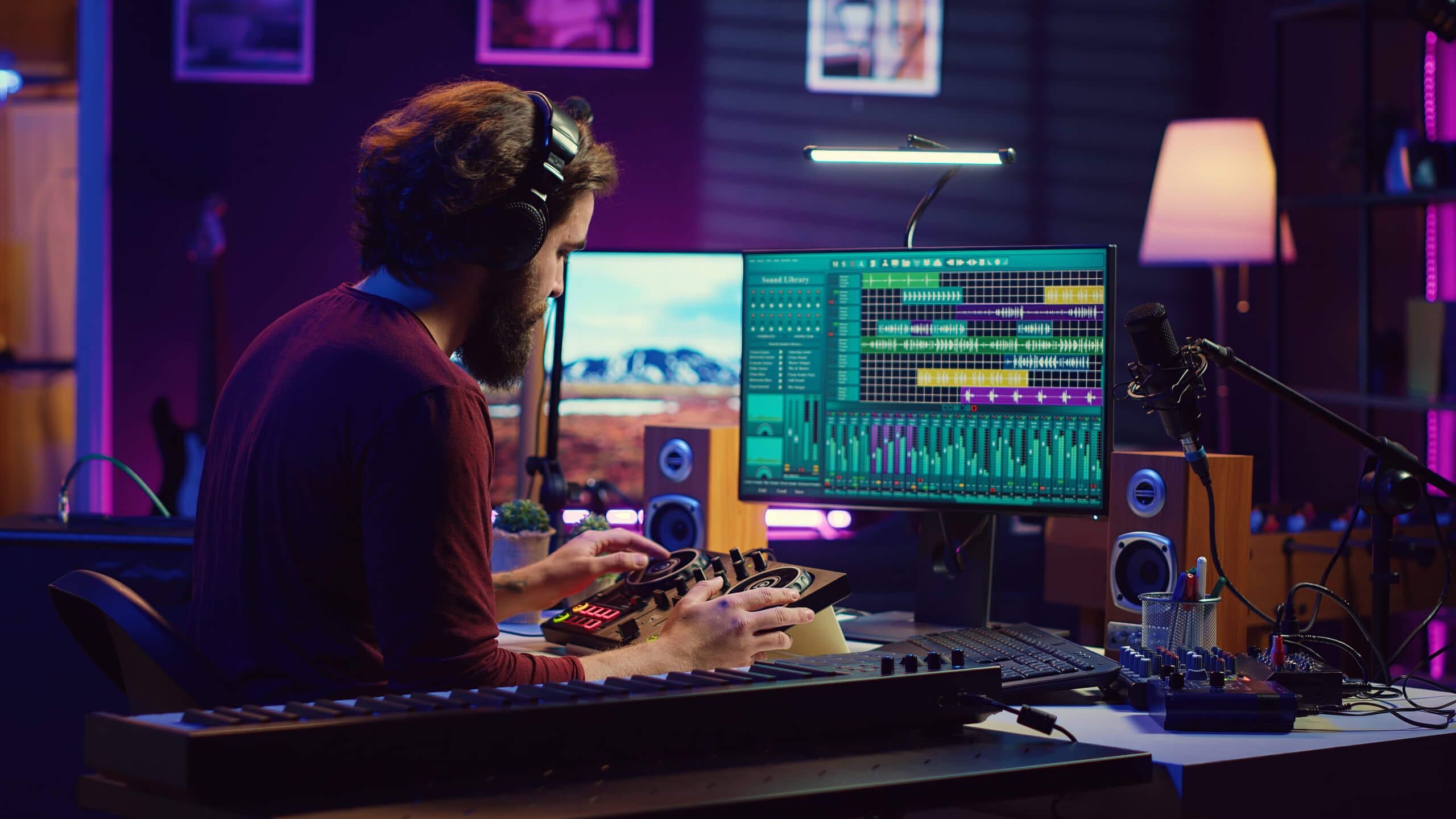 A man wearing headphones sits at a desk in a studio lit with purple and blue lights, using a MIDI controller and computer with music production software to finalise producer credits and role splits. Studio monitors, keyboard, microphone, and screens displaying audio tracks are visible.