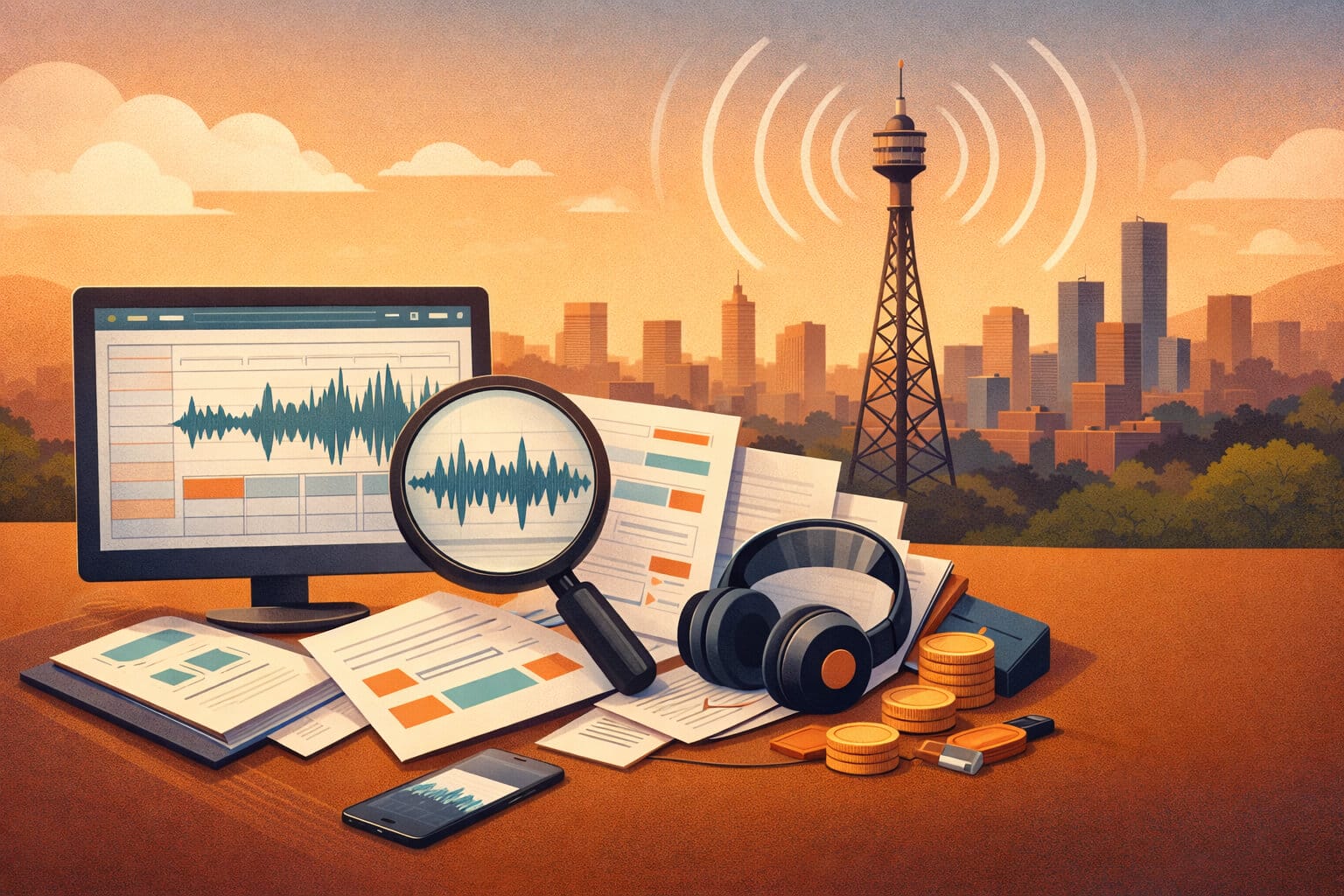 A desk with audio charts, documents, coins, headphones, magnifying glass, mobile phone, and USB drives sits before a city skyline with a radio mast emitting signals at sunset, symbolising audio analysis, finance, and broadcasting technology.