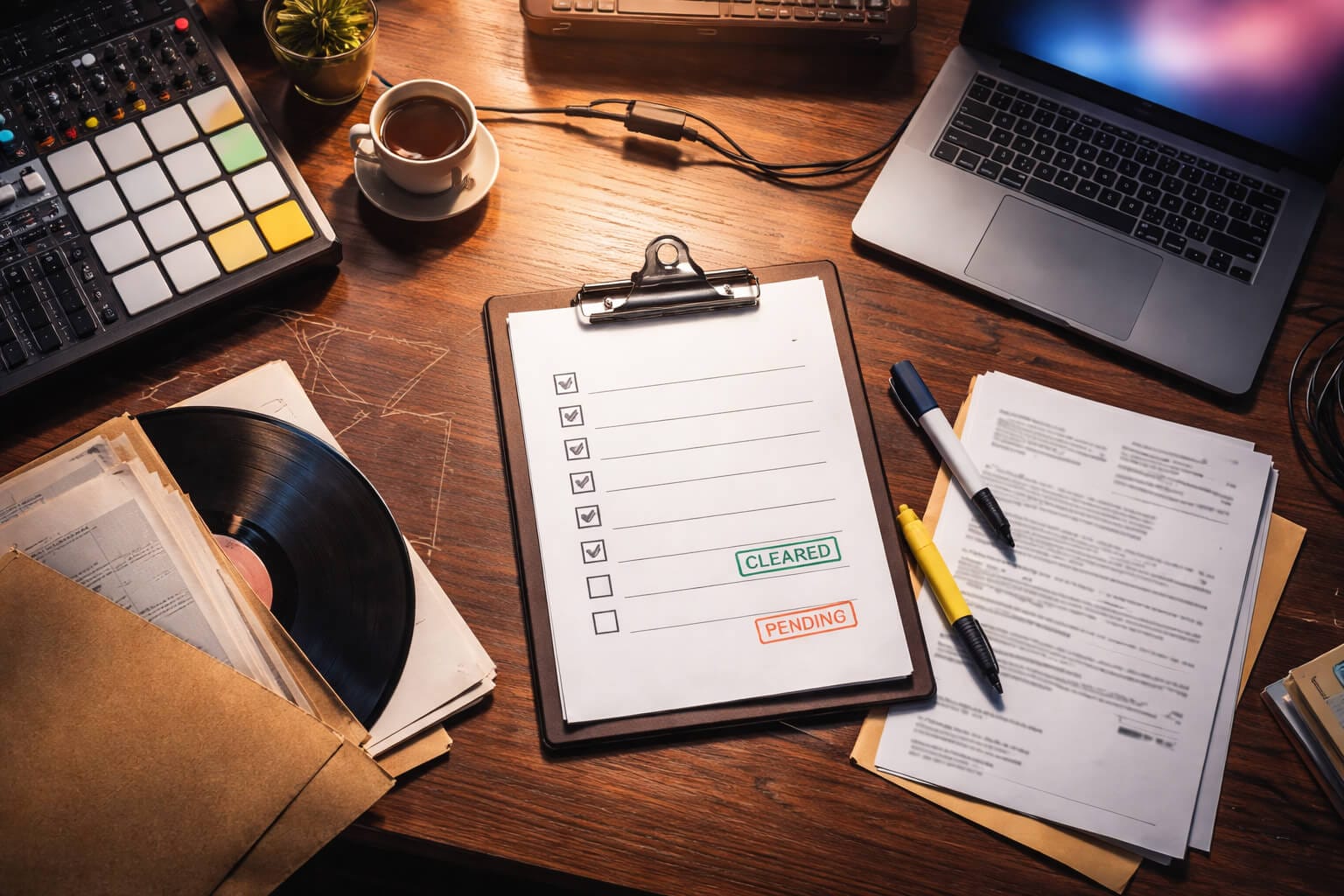 A wooden desk with a sampling clearance checklist clipboard showing items marked “CLEARED” and “PENDING”, a vinyl record, coffee cup, papers, highlighters, laptop, small plant, music production equipment—all warmly lit from above.