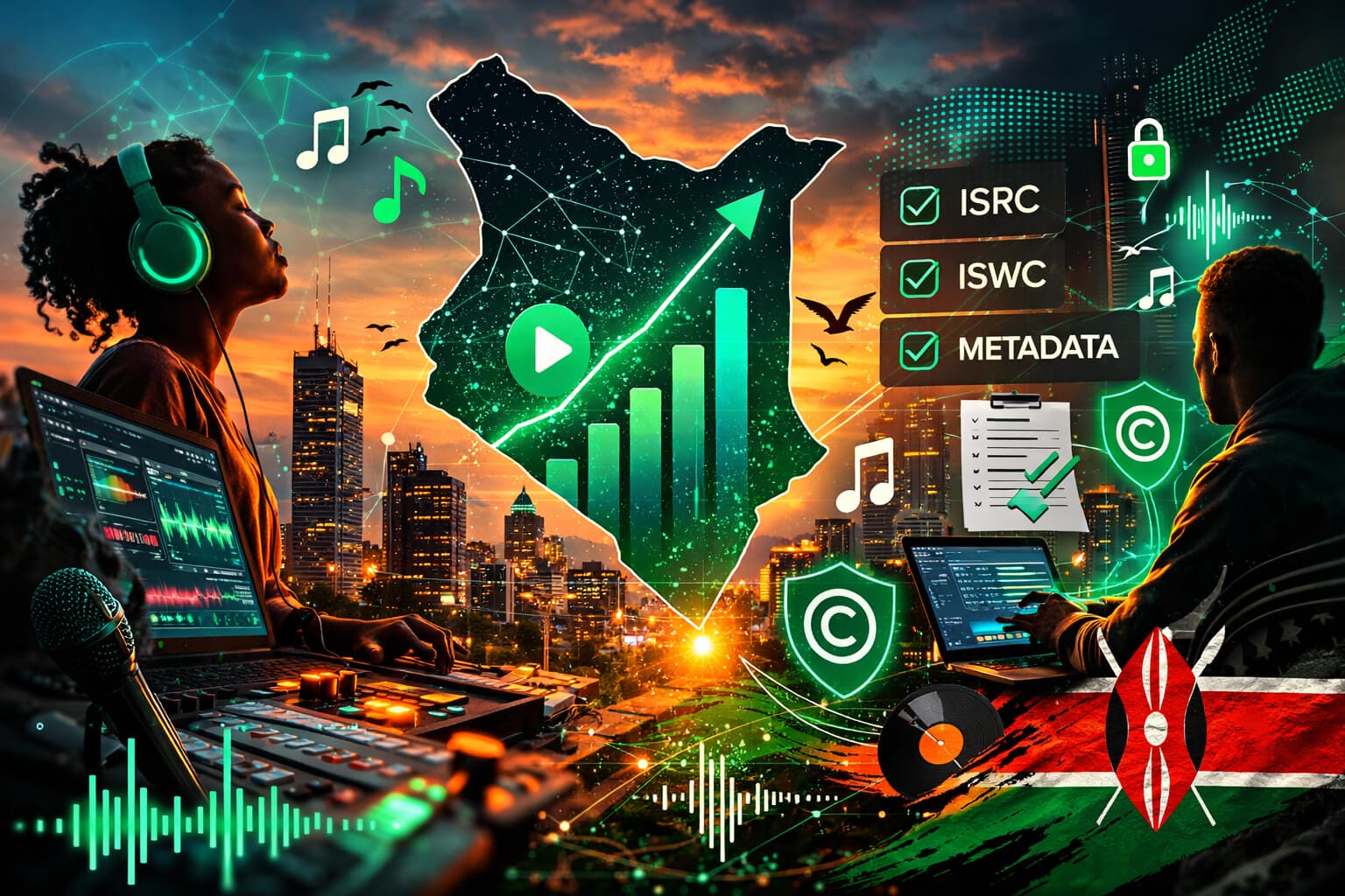 A vibrant digital collage of music production: two people at mixing desks, glowing Kenya map with charts, Spotify Kenya icons, musical notes, copyright and security symbols, city skyline at sunset—emphasising unmatched royalties and tech in Kenyan music.