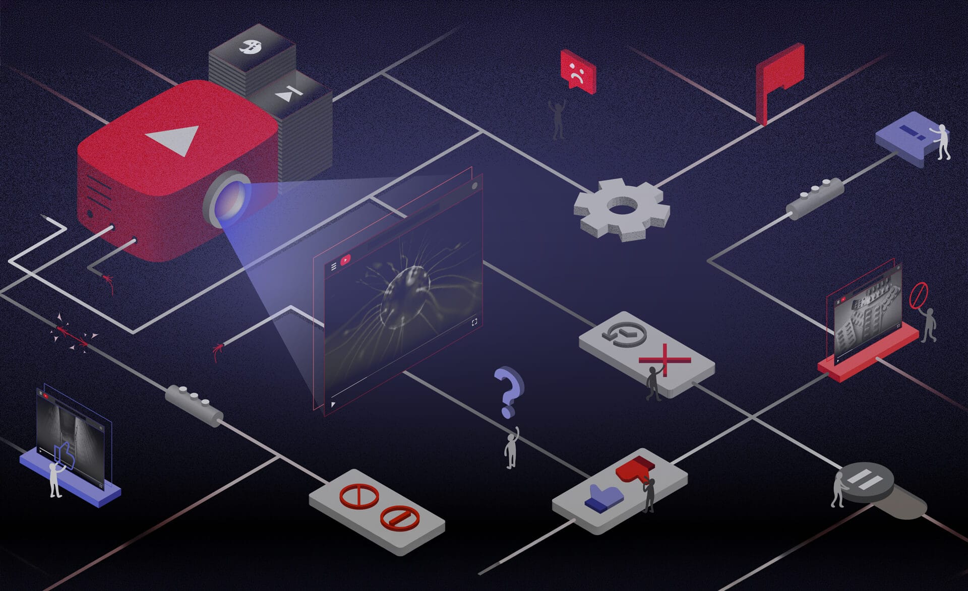 An abstract illustration shows a large red projector with a YouTube logo projecting a video, as small human figures—representing African rightsholders—interact with symbols of censorship, question marks, and blocked content in a YouTube Content ID set-up.