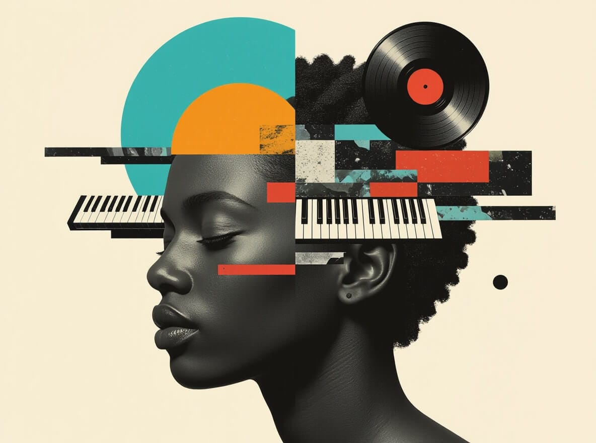 A digital artwork of a woman’s side profile with eyes closed, overlaid with abstract shapes, piano keys, and a vinyl record. Bright colours like teal, orange, and red intersect her head, blending music and geometric elements in a modern, artistic style.