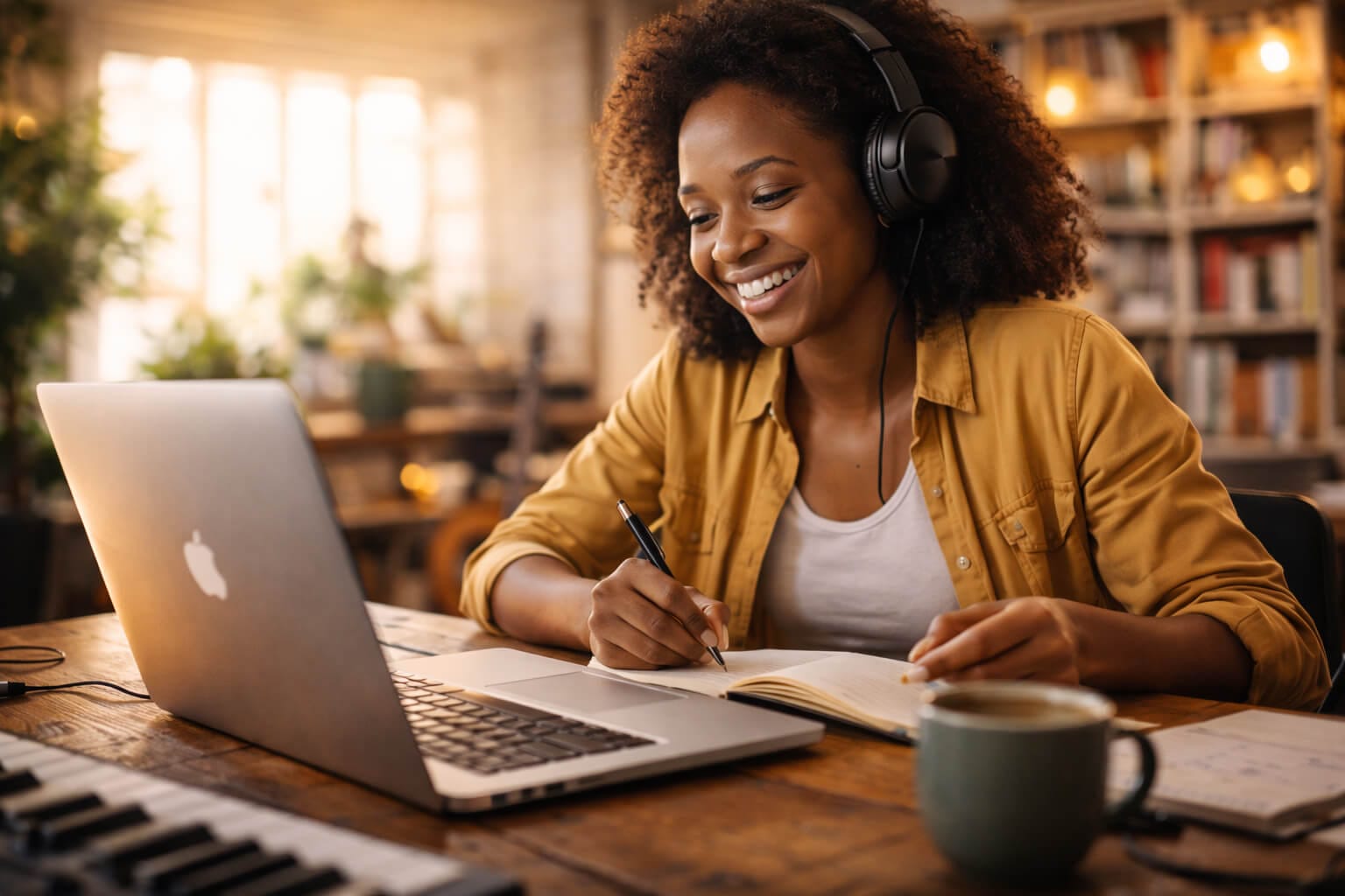 A woman with curly hair, an emerging creator in a yellow shirt, smiles whilst writing in a notebook at a wooden table. She looks at her laptop—surrounded by a mug, keyboard, and books—in a warmly lit room with shelves and plants behind her.