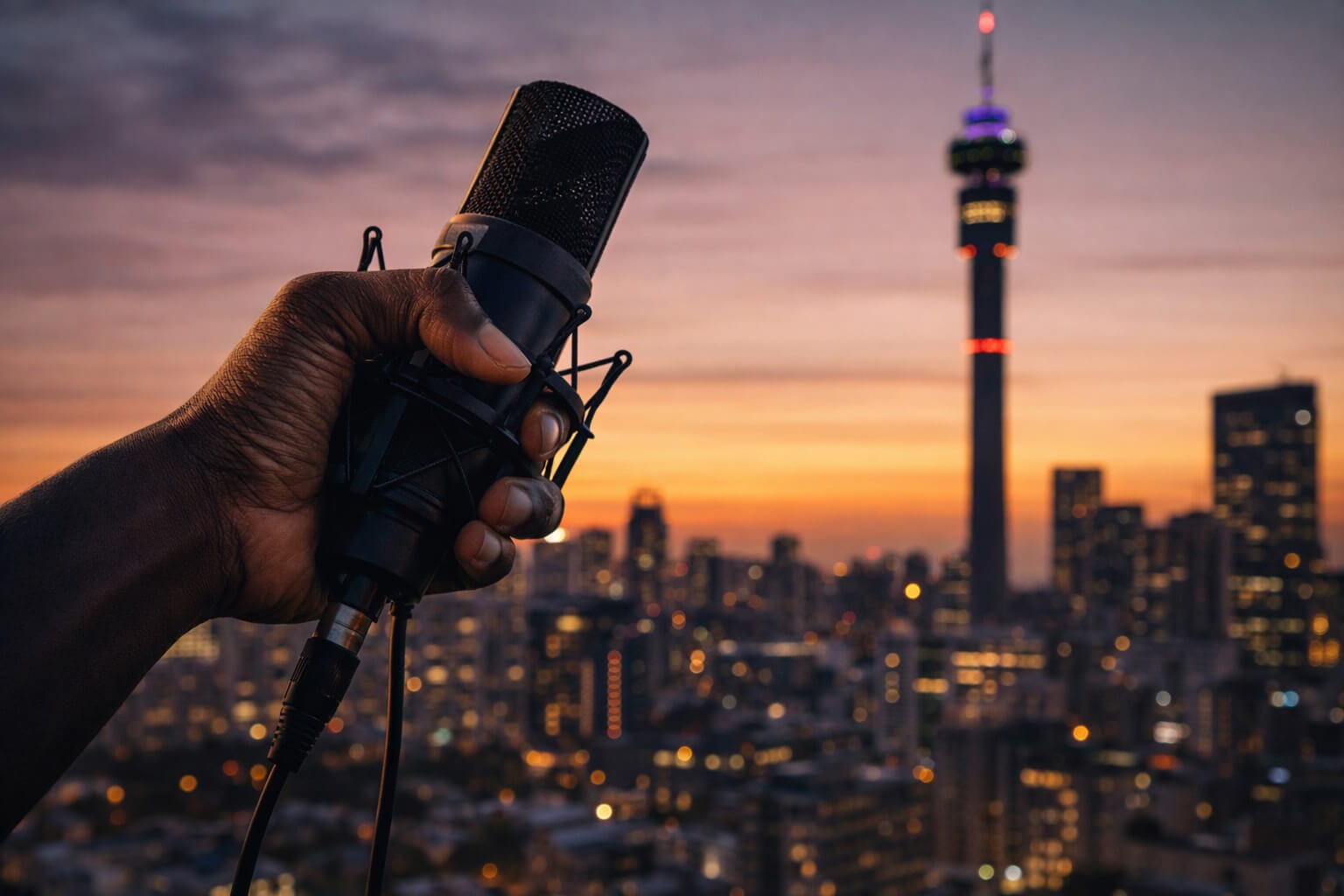 A hand holds a black microphone in the foreground against a blurred cityscape at sunset, reflecting the vibrant energy and creator income opportunities within the South Africa market performance. Skyscrapers glow with red and blue lights under an orange, pink, and purple sky.
