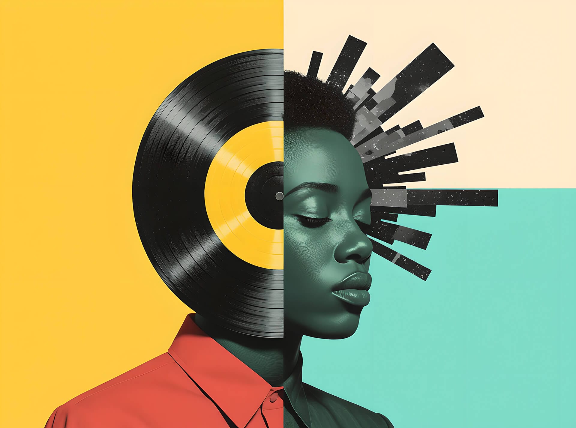 A surreal portrait of a woman with dark skin, her face split in half. One side is overlaid with a yellow and black vinyl record, set against a yellow background; the other side is normal, with geometric black shapes radiating from her head on a pale background.