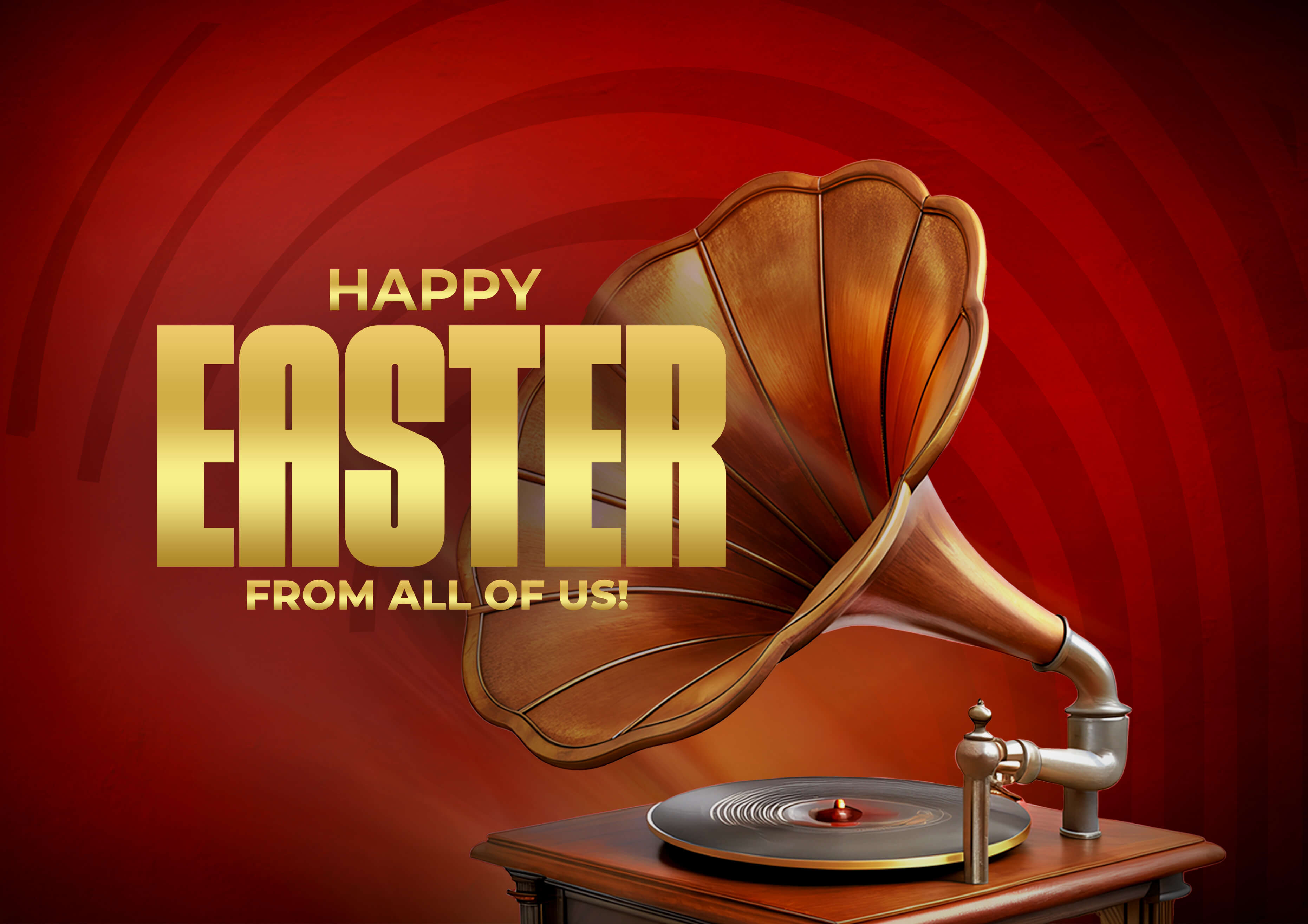 A vintage gramophone sits on a wooden table against a red background with circular patterns. Large gold text reads 