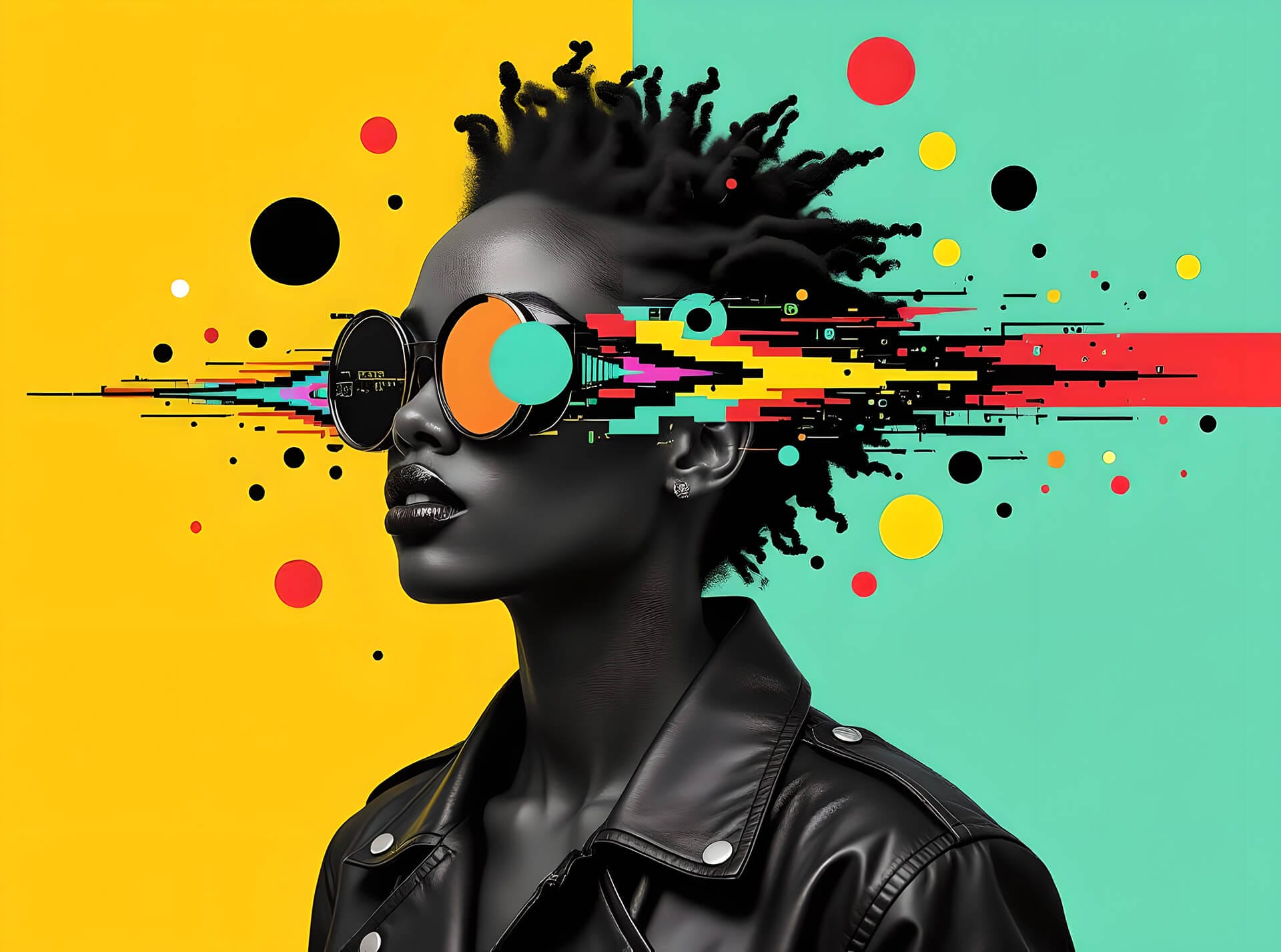 A Black woman in a black leather jacket and large round sunglasses faces left. Colourful digital glitches and geometric shapes burst from her glasses, splitting the yellow and teal background, creating a surreal, futuristic effect.