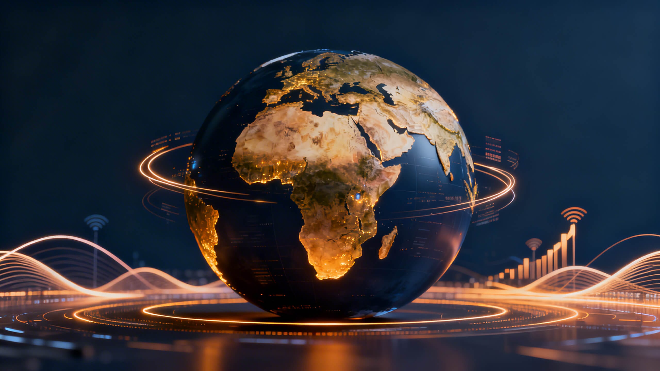 A glowing digital globe, centred on Africa and Europe, is surrounded by swirling orange data lines and wireless icons, suggesting global connectivity and advanced technology. The dark background highlights the illuminated continents—a nod to the 2025 IFPI Global Music Report.