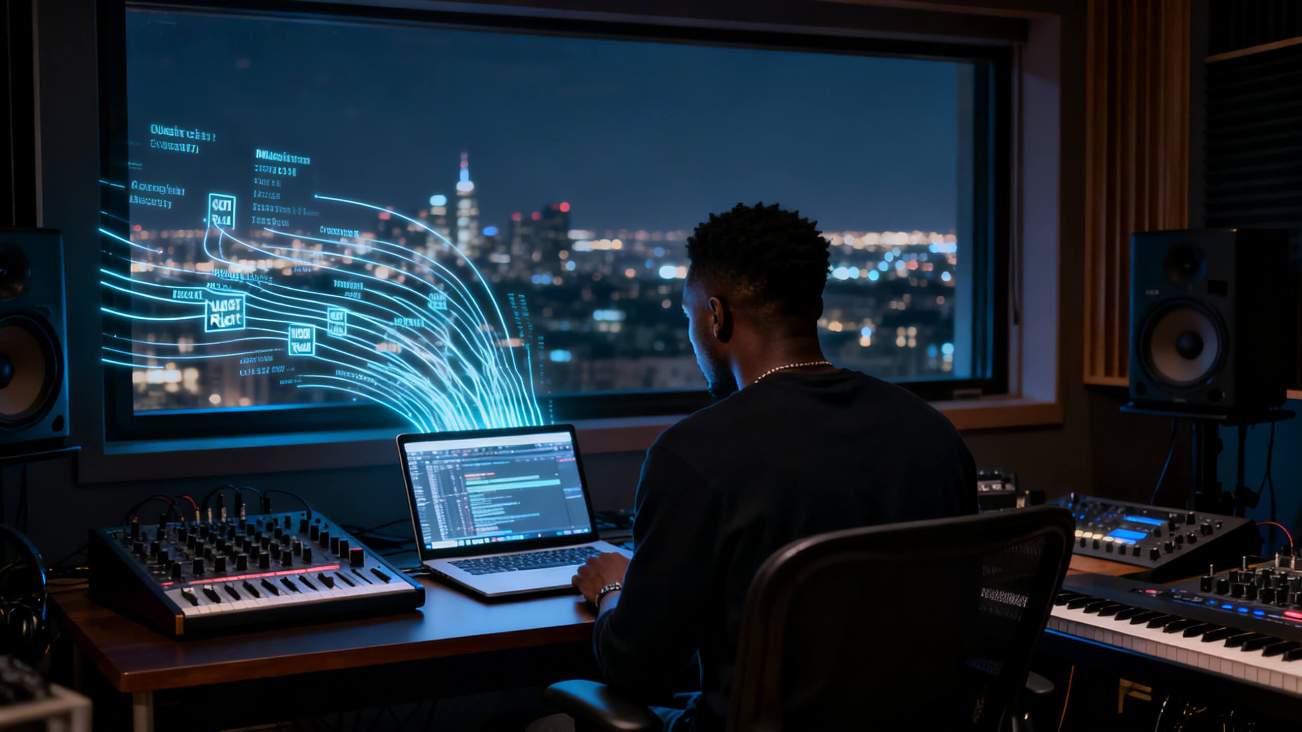 A man works on a laptop in a music studio at night, surrounded by audio equipment. Digital graphics on the window show data streams and Spotify icons, suggesting music production and AI technology, with a cityscape—perhaps in Africa—visible outside.