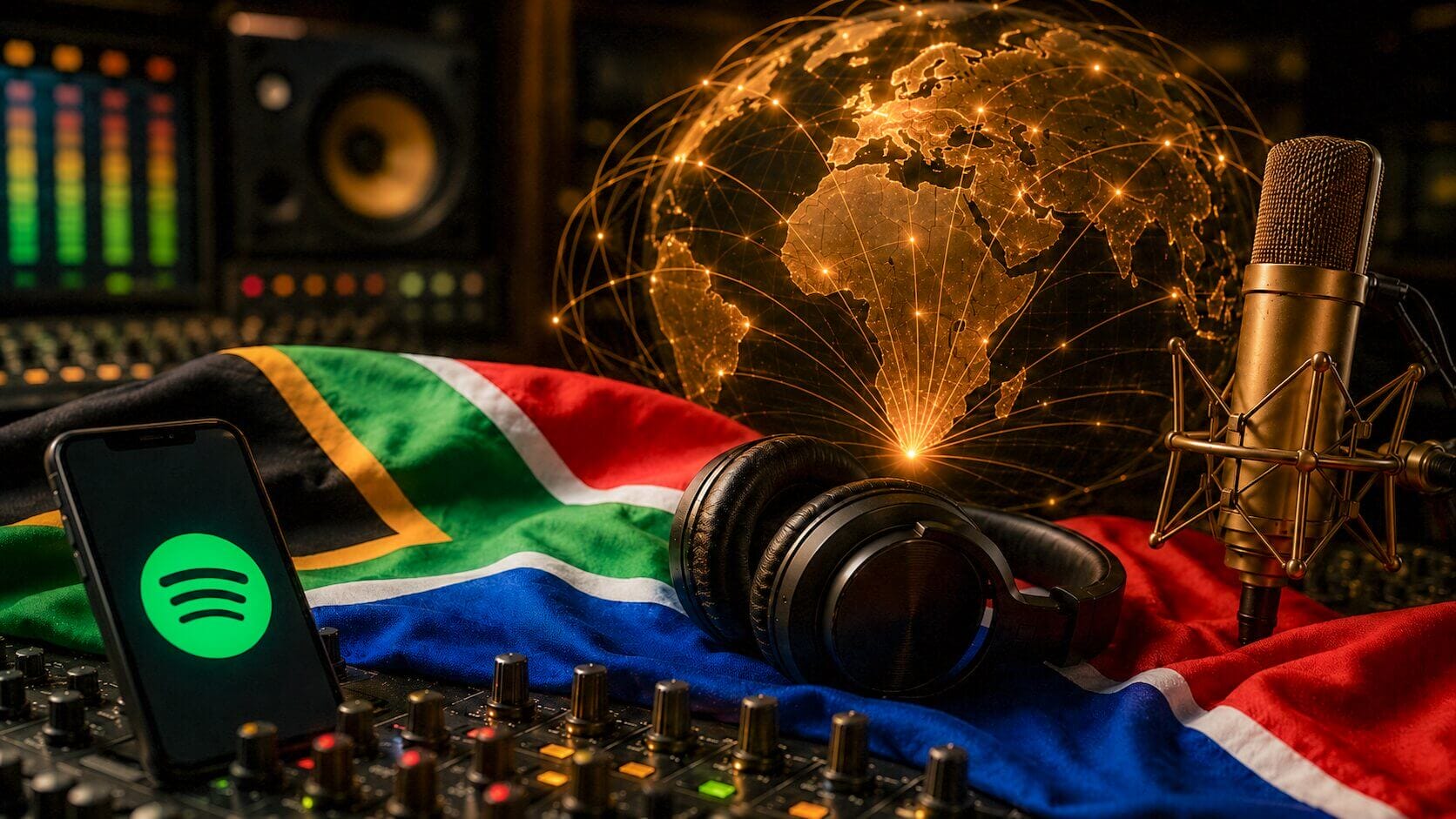 A South African flag drapes over audio equipment with headphones, a gold microphone, and a phone displaying the Spotify logo—celebrating South African artists and their music earnings. In the background, a glowing digital globe highlights networks across Africa.